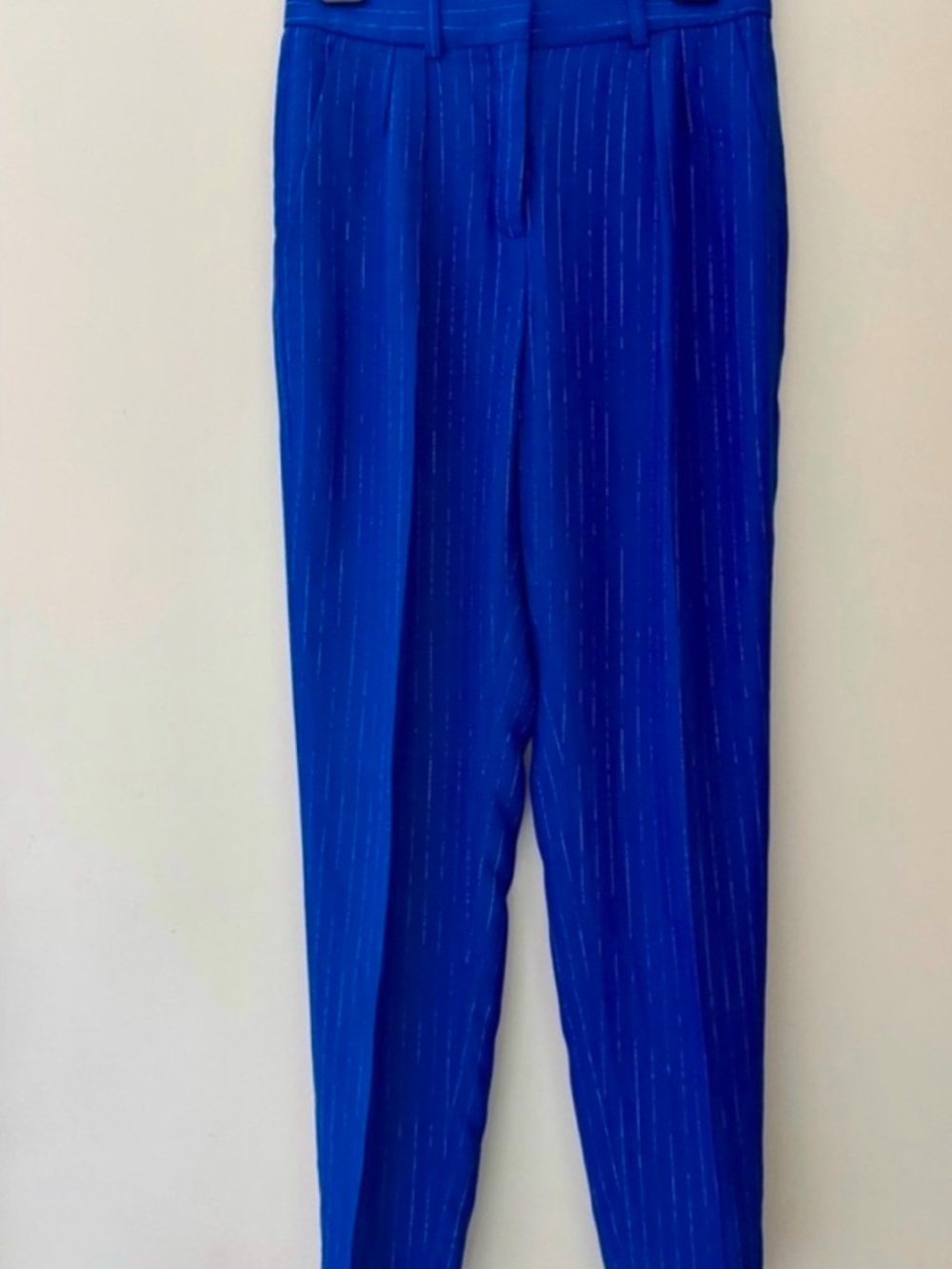 BALMAIN 5173V098 Cobalt Blue Metallic Pinstripe Pleated Trousers - Picture 2 of 6